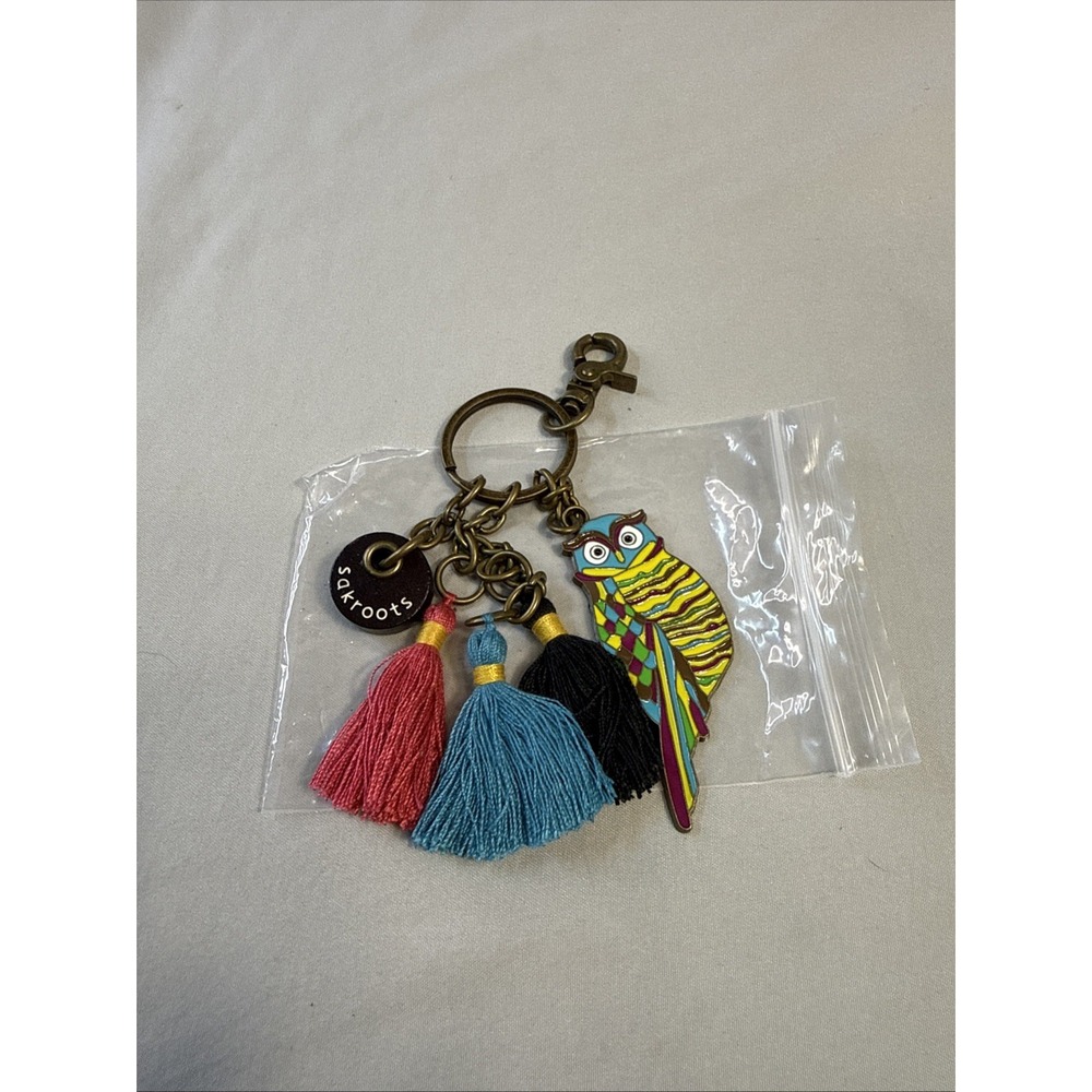 SakRoots Owl Tassel Keychain Bag Charm Purse Clip Keyring Enamel Metal Antq Gold